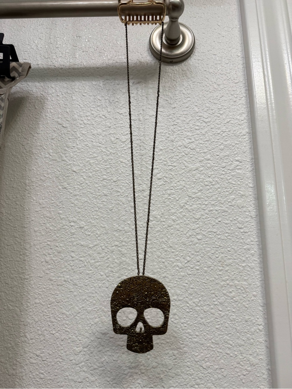Bronze Skull Pendant Necklace - Long Chain